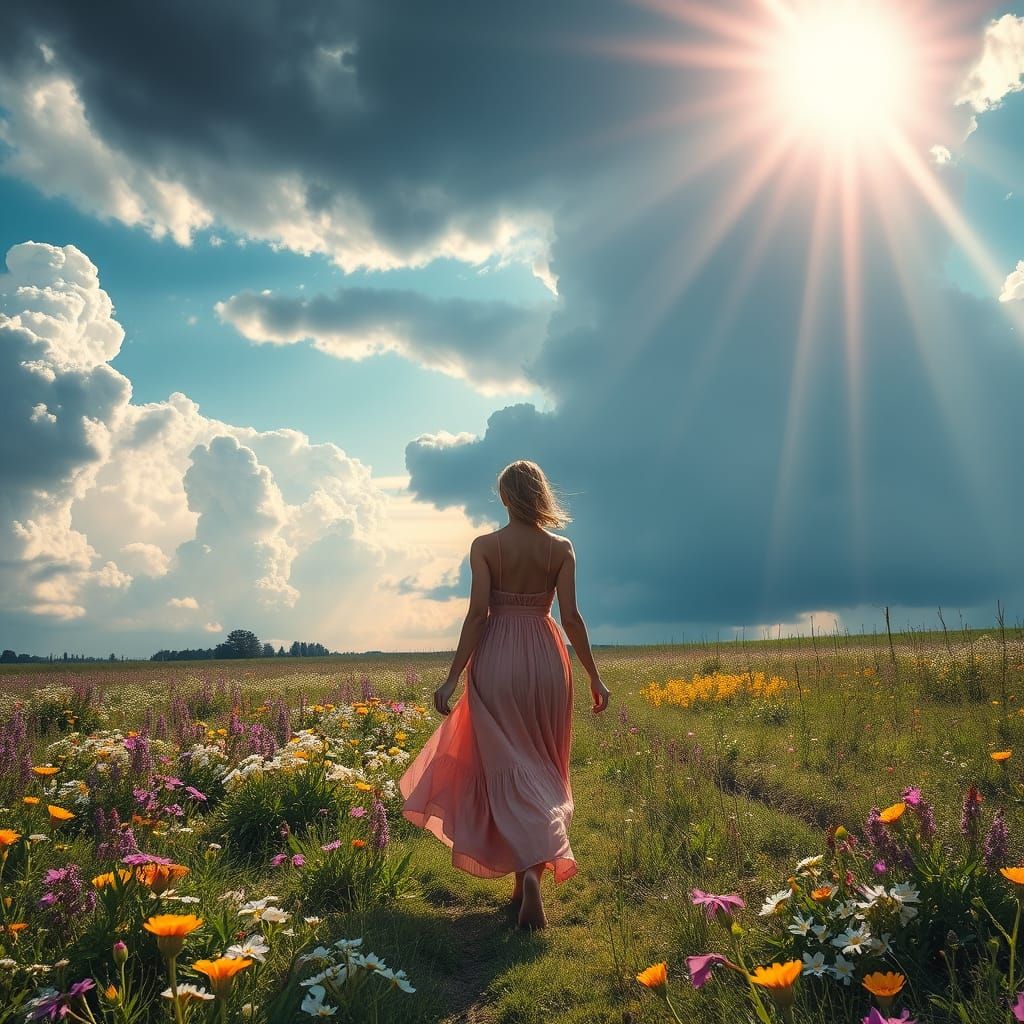 Woman in Meadow Under Stormclouds, Digital Painting