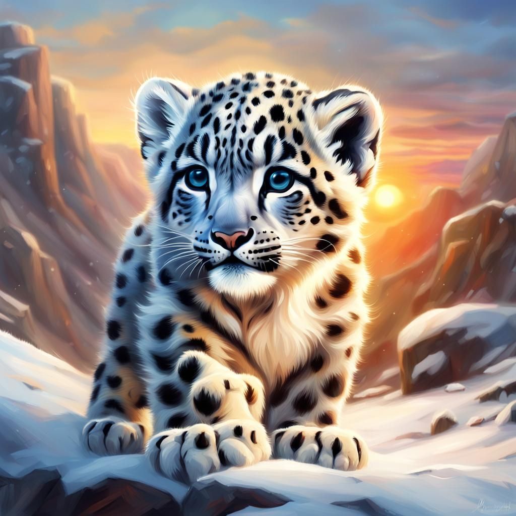 Adorable Snow Leopard Portrait at Sunset