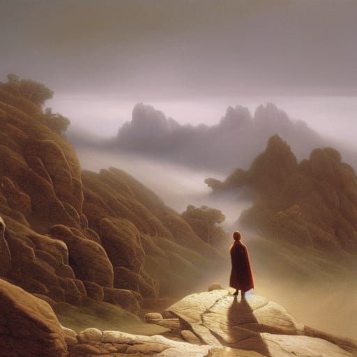 Contemplative Figure Overlooking Misty Landscape in Oil Pain...