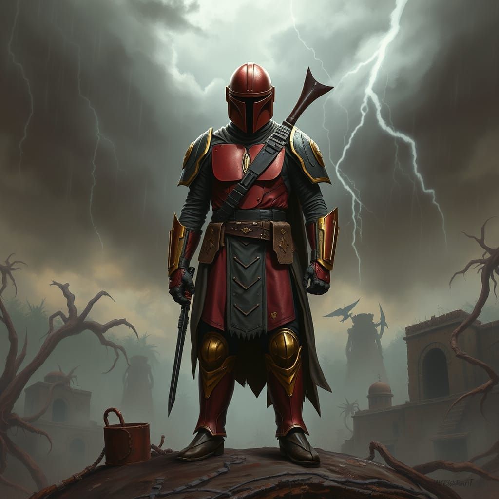 Mandalorian Warrior in Neo-Crusader Armor Stands Amidst Ruin...