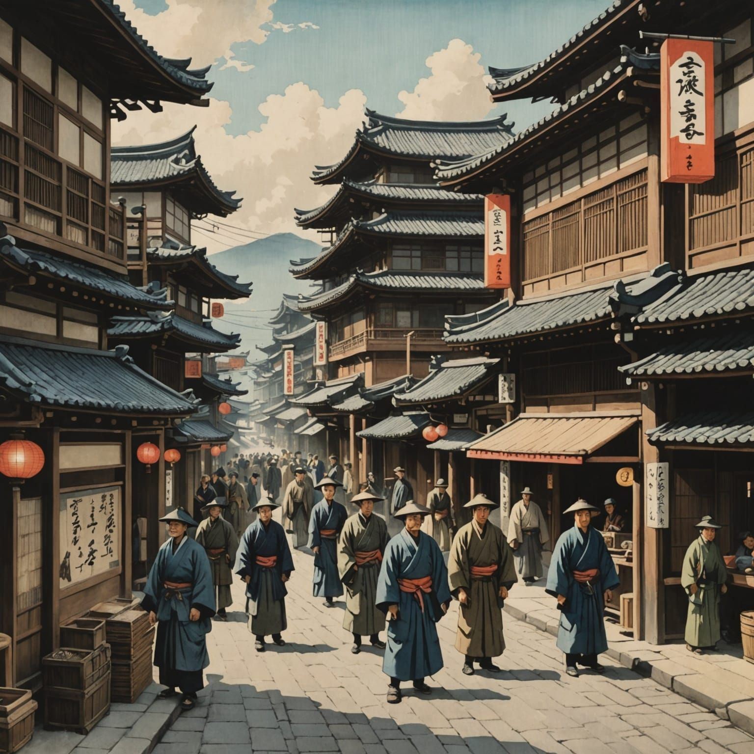 Bustling Street Scene from Old Japan