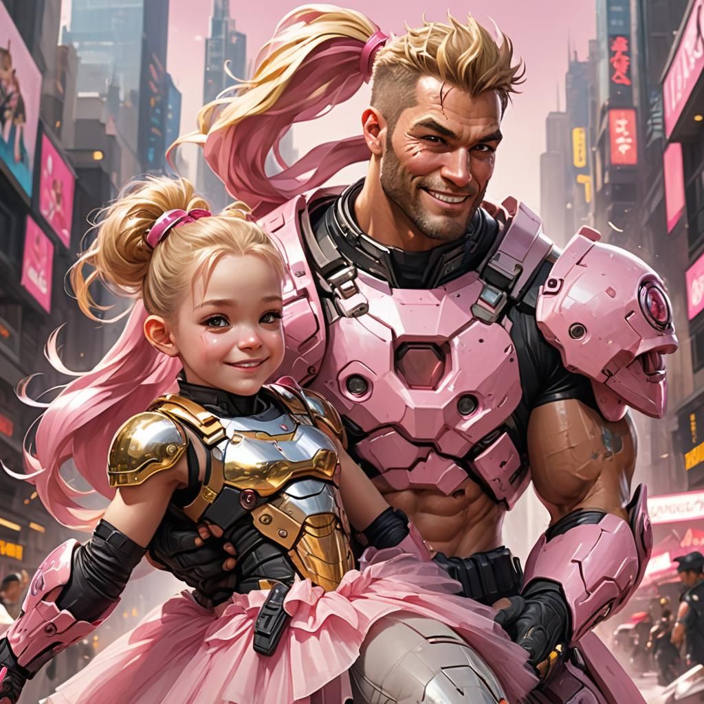 Cyborg Mercenary in Tutu with Baby, Dystopian Art
