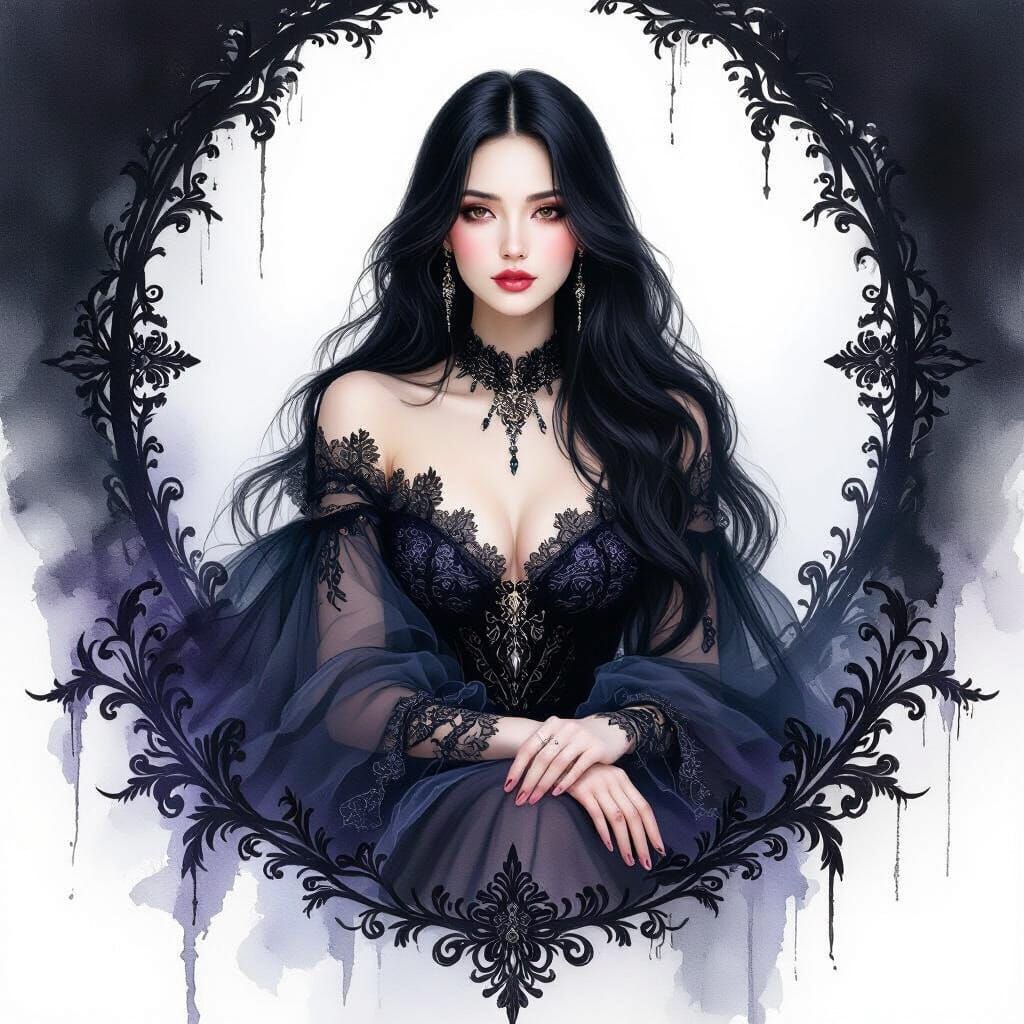 Woman in Gothic Dress with Watercolor Airbrush Hyperrealism