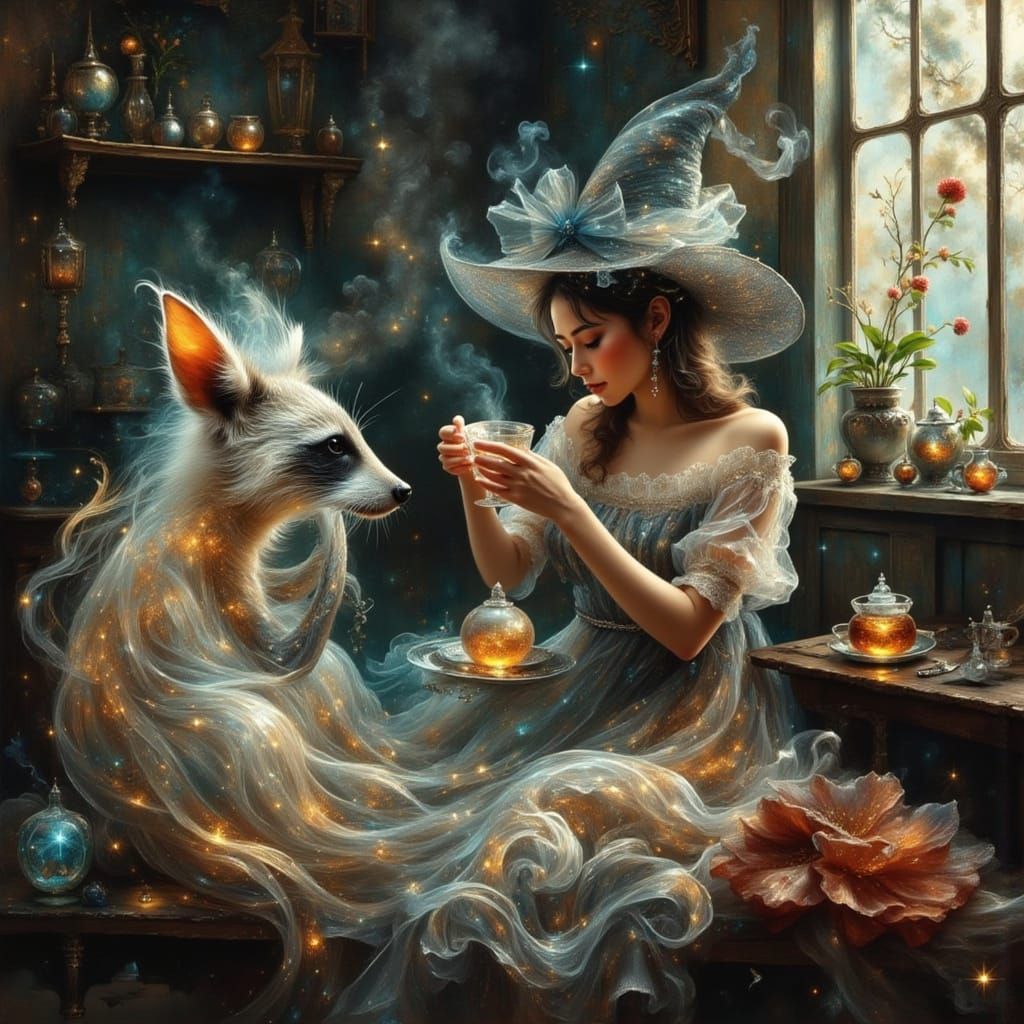 Beautiful Witch Making Tea with Magical Familiar in Apotheca...