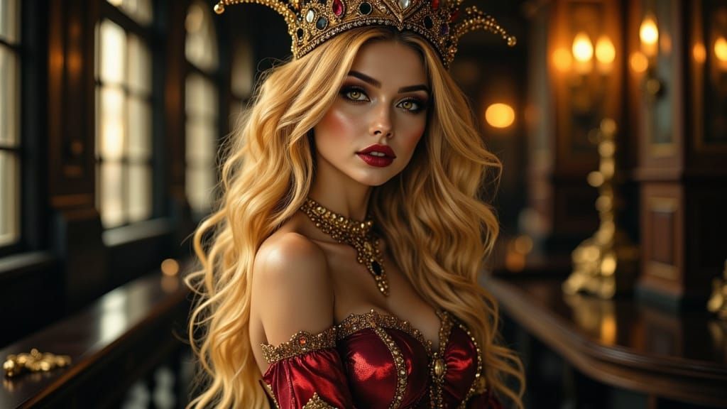 Baroque Pin-Up Goddess in Opulent Harlequin Attire