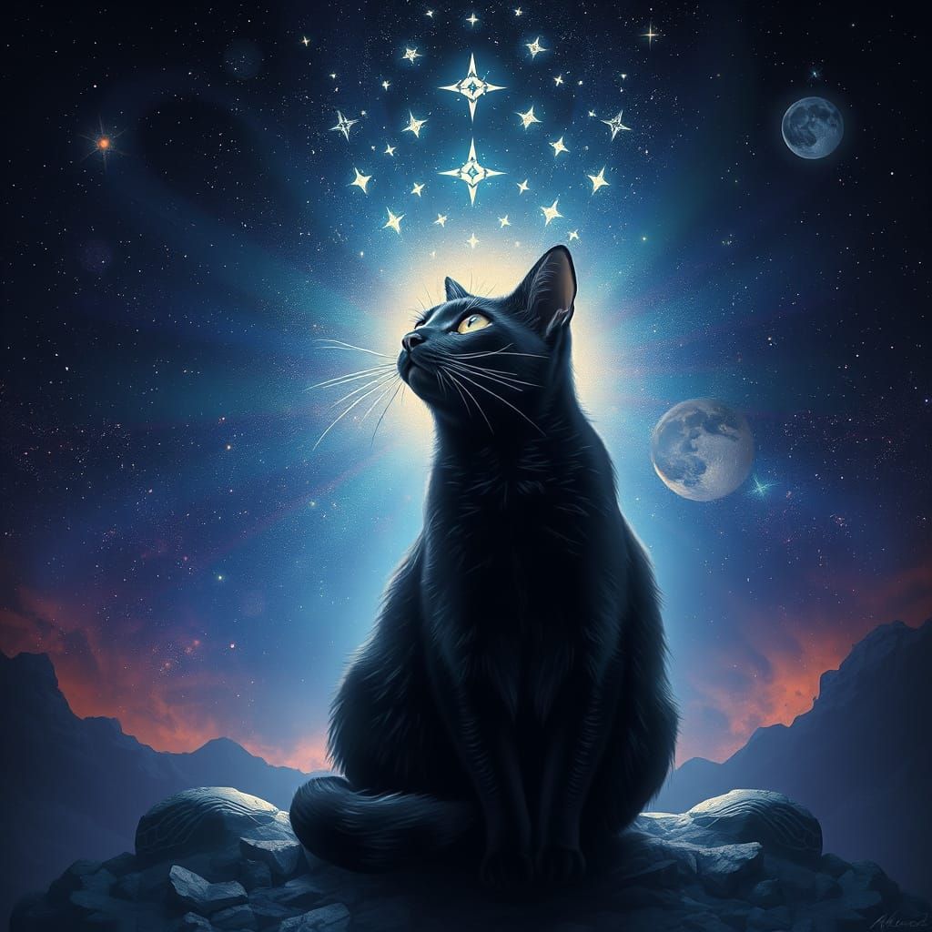 Black Cat in Mystical Astral World Illustration