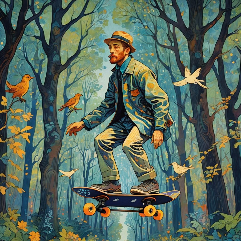 Lautrec's Surreal Skateboard Ride Through Enchanted Forest