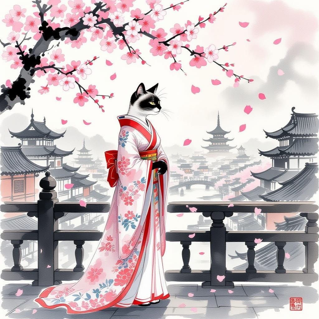Siamese Cat Noblewoman in Edo Japan, Chinese Ink Wash Style
