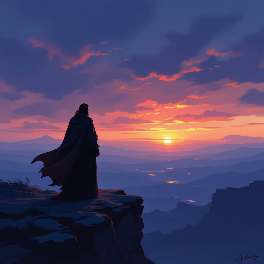 Contemplative Figure at Sunset, Romantic Style