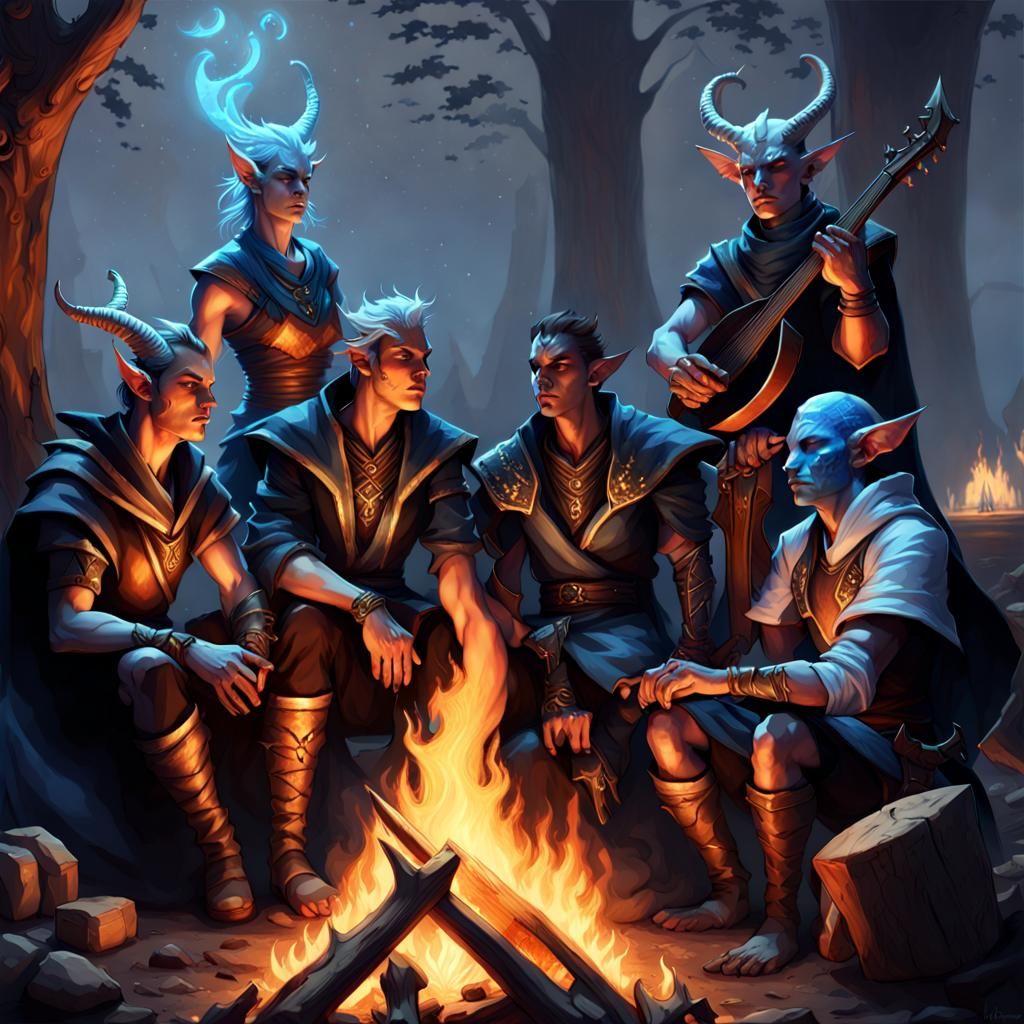 Fantasy Characters Around Campfire in Dark Fantasy Style