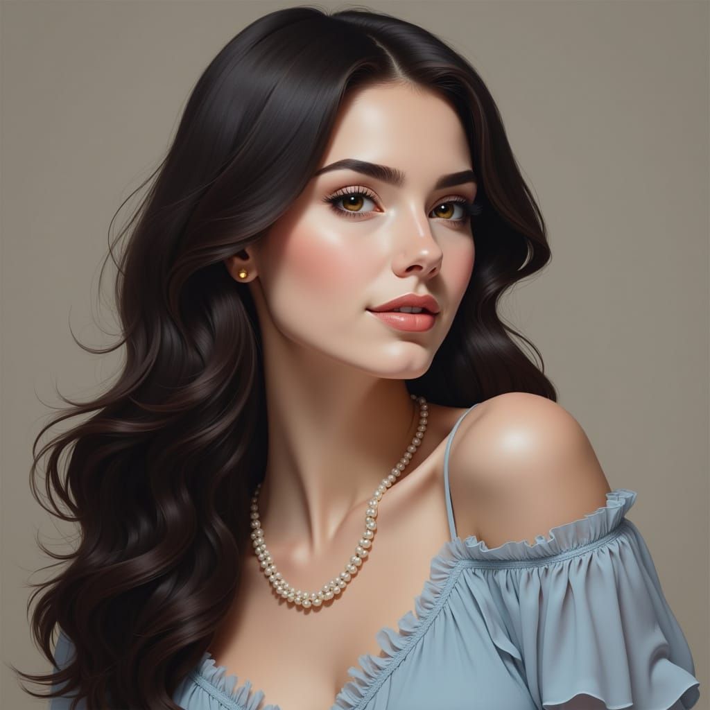 Impressionistic Portrait of a Beautiful Woman in a Light Blu...