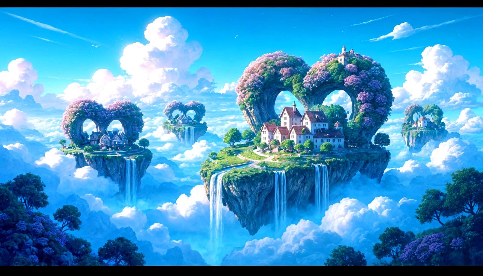 Floating Heart Islands in Pastel Sky