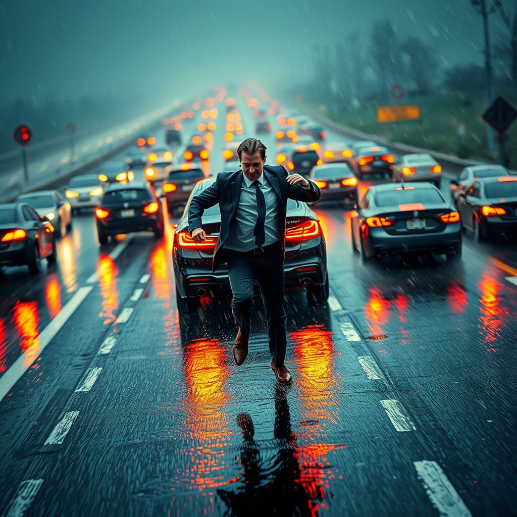 Man Running on Freeway in Surrealist Style