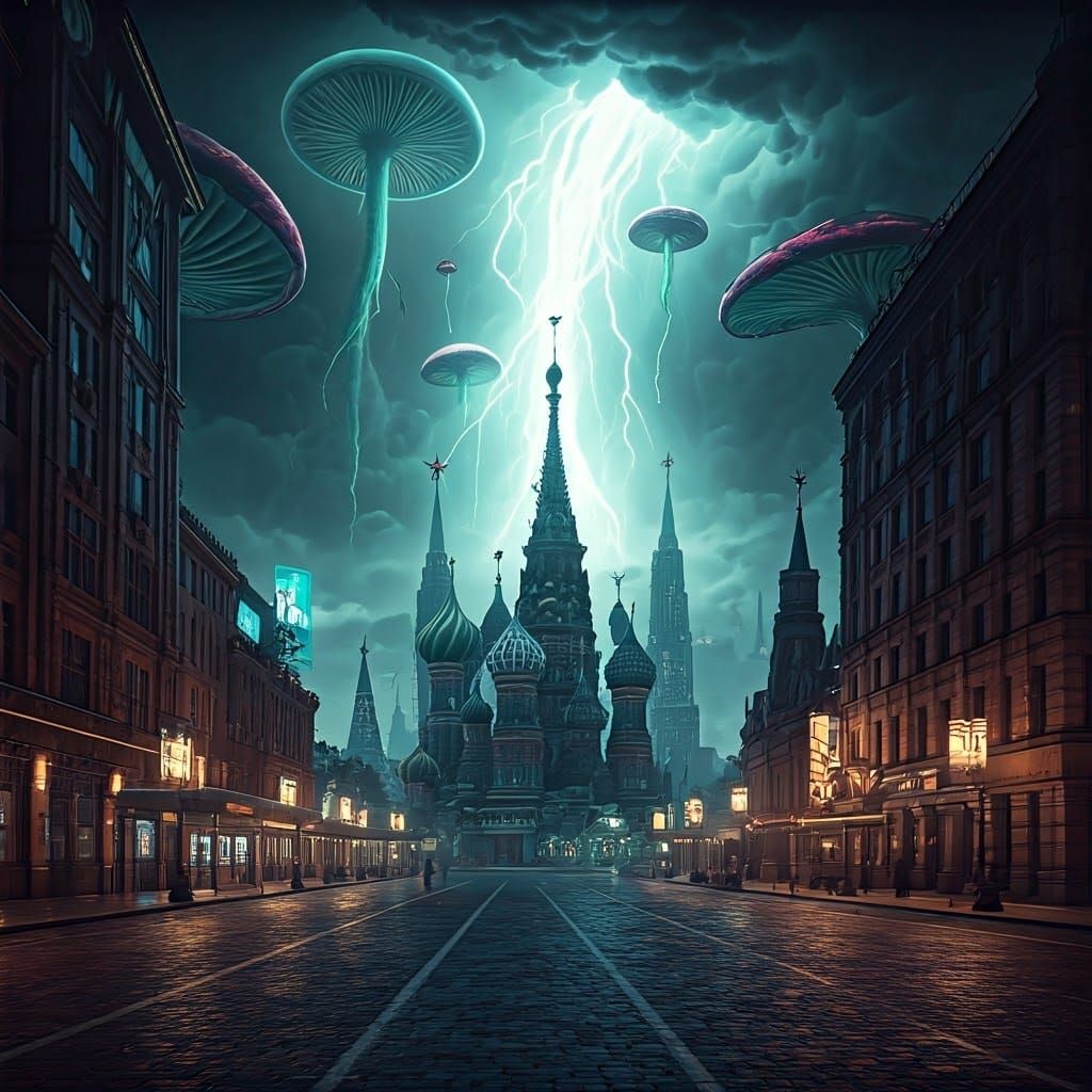 Cyberpunk Moscow Cityscape with Neon and Storm