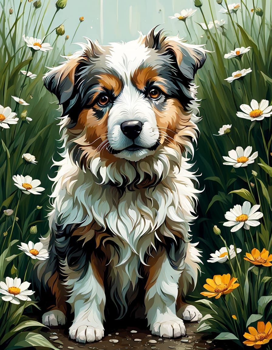 Adorable Catalan Sheepdog Puppy in Spring, Digital Art