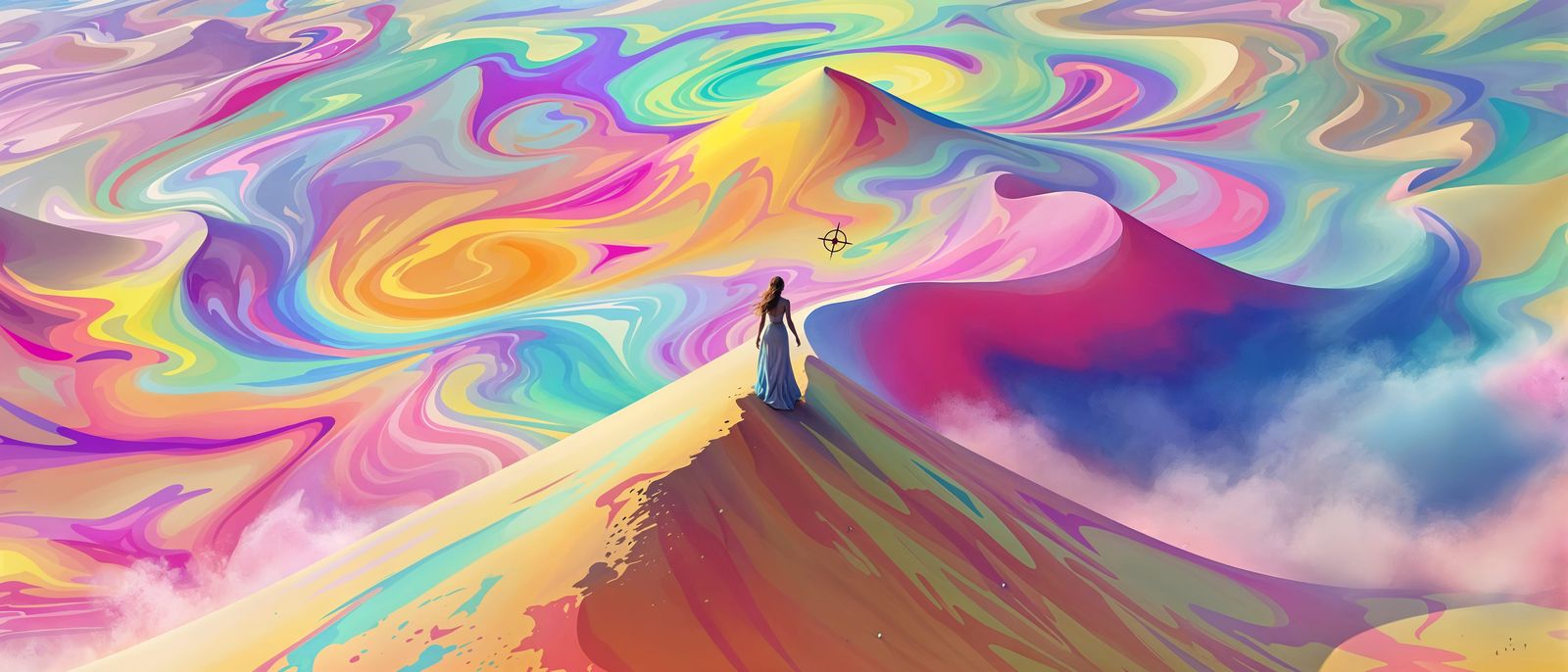 Surreal Desert Navigator in Vibrant, Shifting Colors