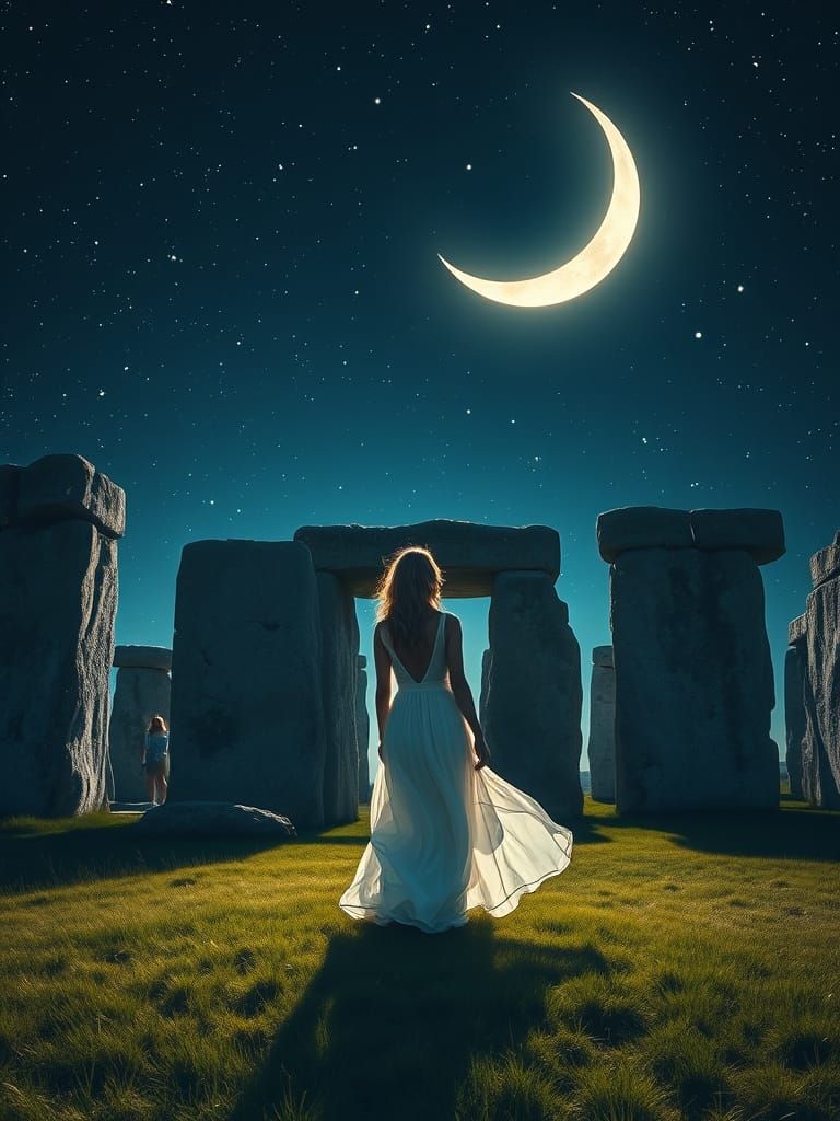 Stonehenge Serenity: Woman Under Starry Skies