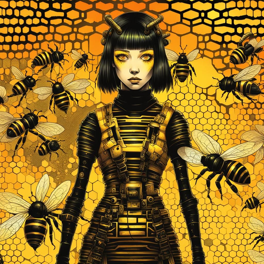 Cyberpunk Girl with Bee-Inspired Cybernetics in a Vibrant Bi...