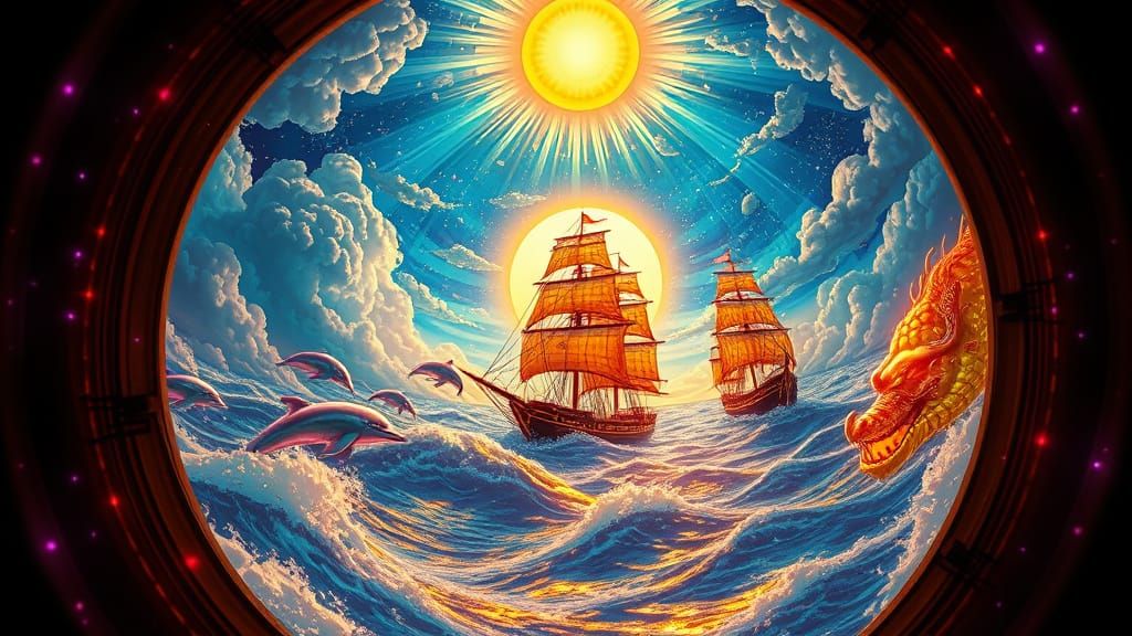 Cosmic Ocean Through Fisheye Lens with Treasure Ships