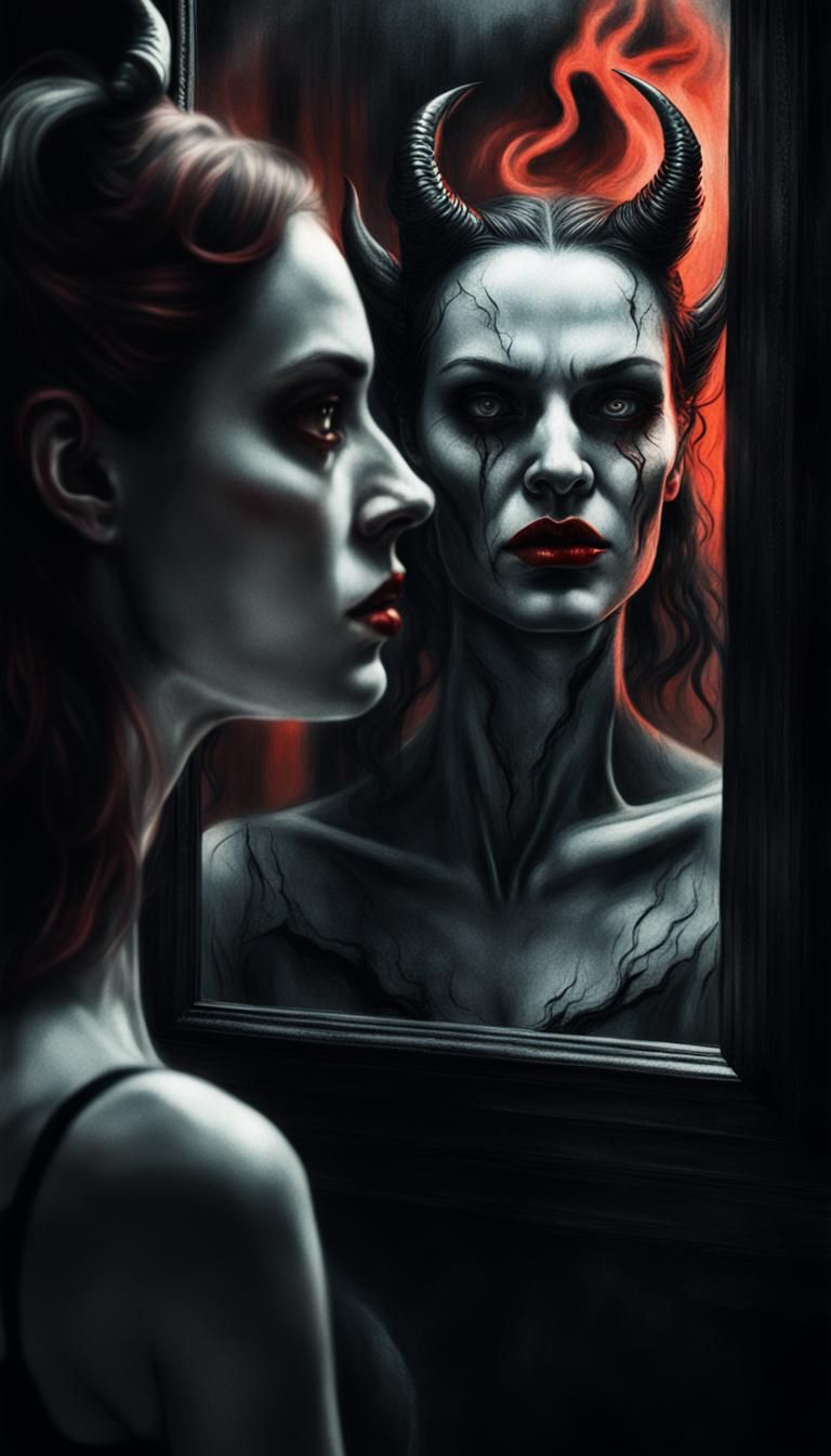 Dark Surrealism: Woman's Reflection Reveals Devil