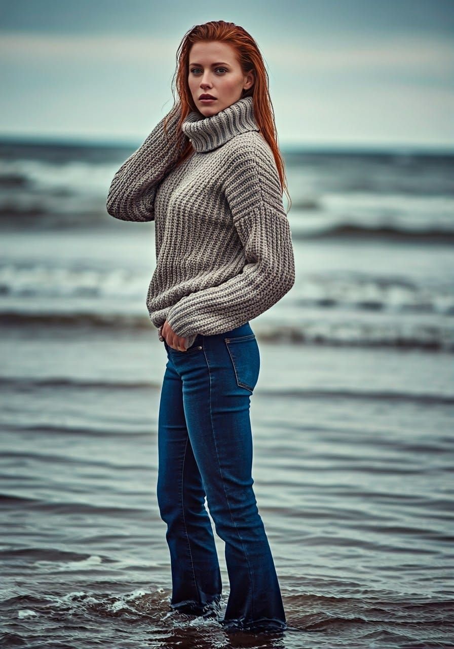 Ginger Woman Stands in Shallow Surf, Lost in Thought