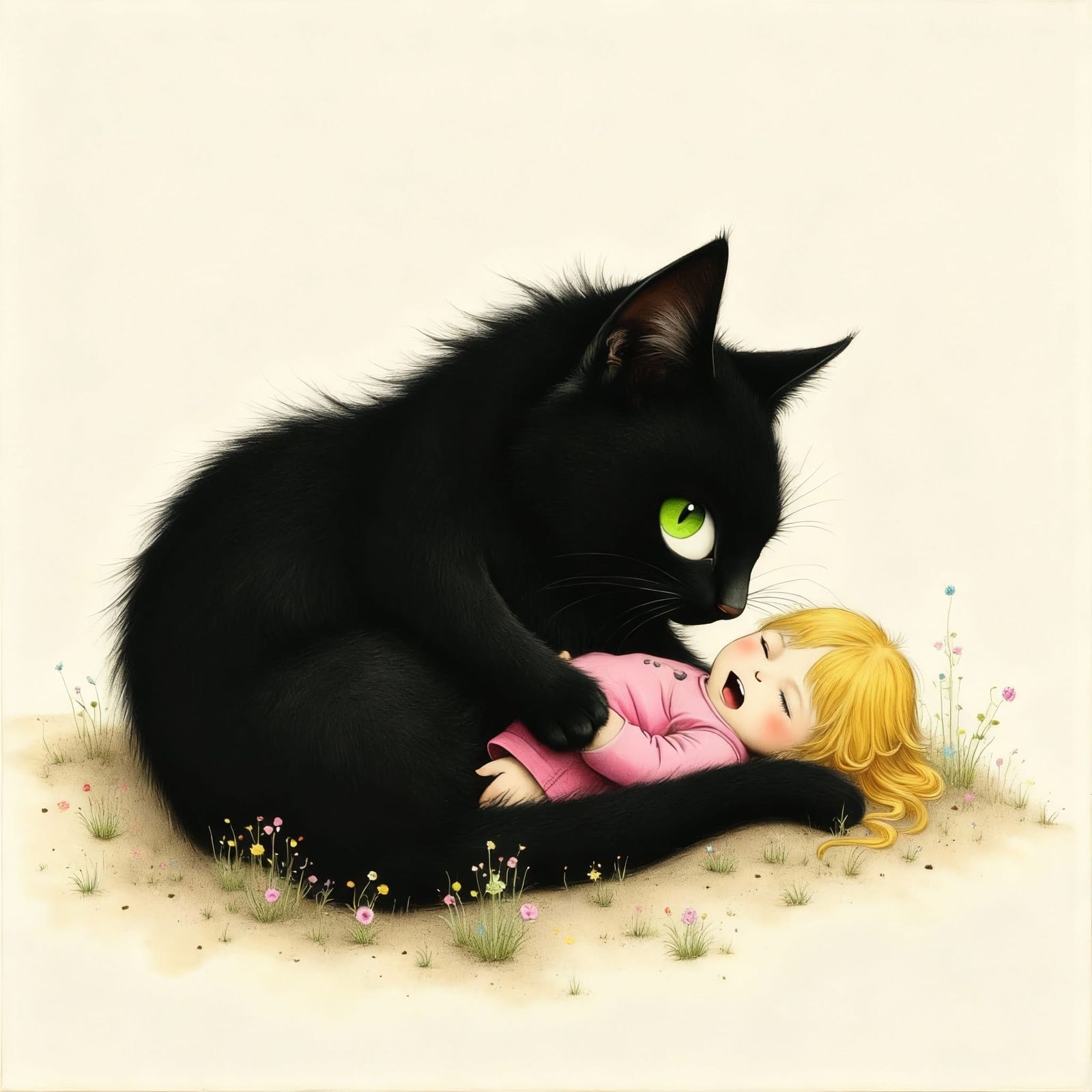 Large Black Cat Cuddles Tiny Girl on Carpet