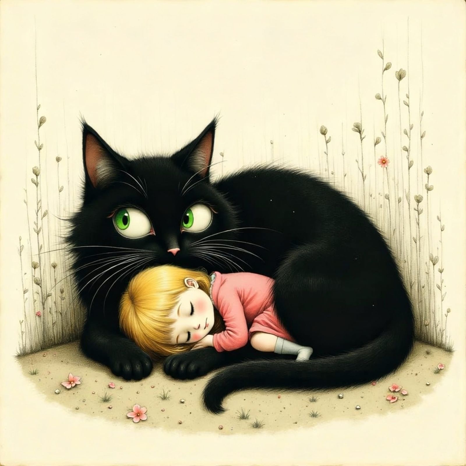 Giant Black Cat Cuddles Tiny Girl in Detailed Pencil and Wat...