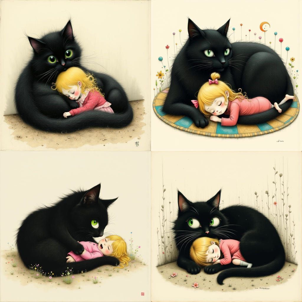 Black Cat Cuddles Tiny Girl on Carpet in Pencil and Watercol...