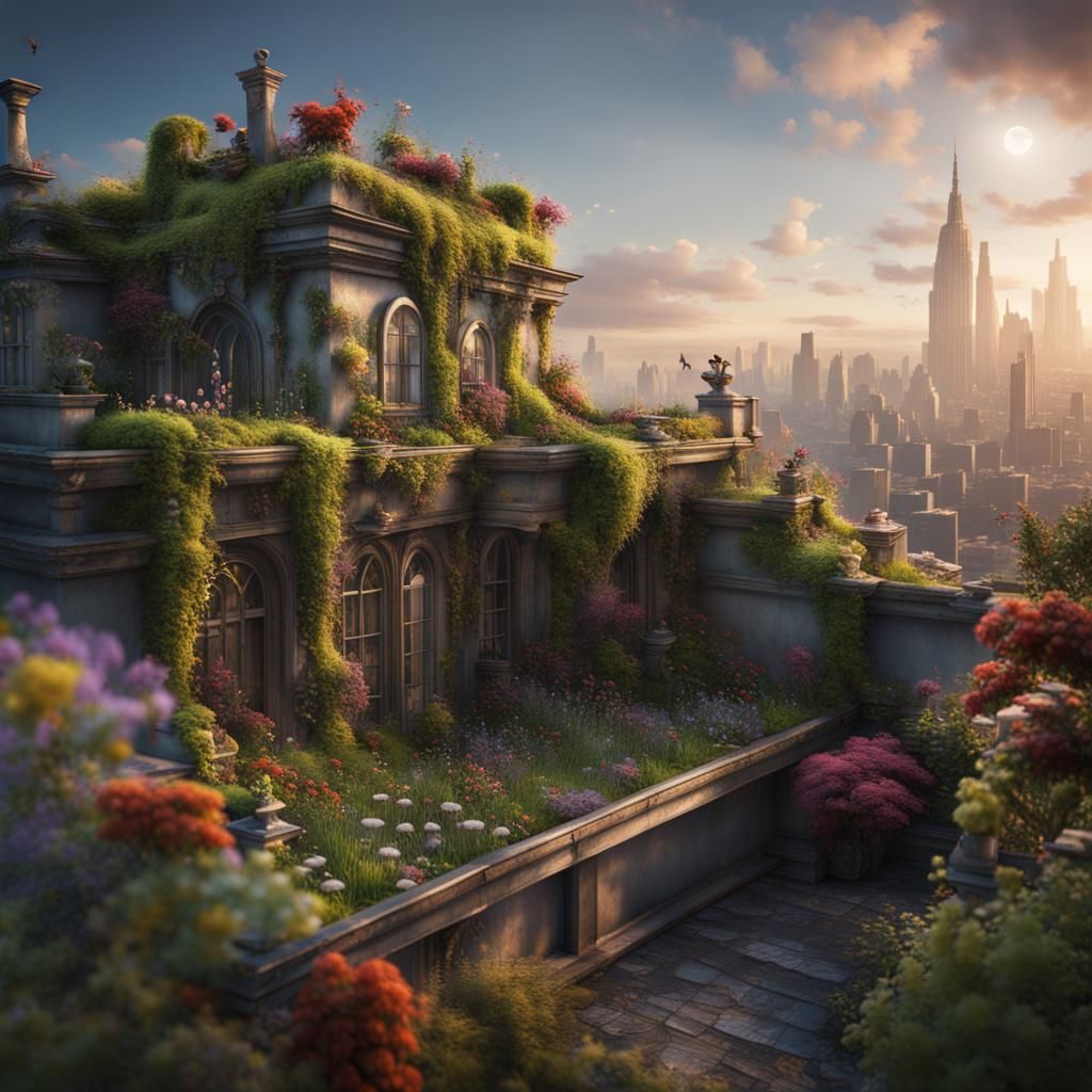 Lush Rooftop Garden: Fantasy Concept Art