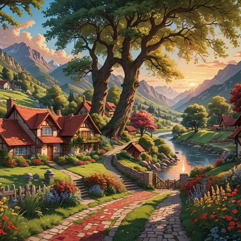 Riverside Village with Cottages and Distant Sunset