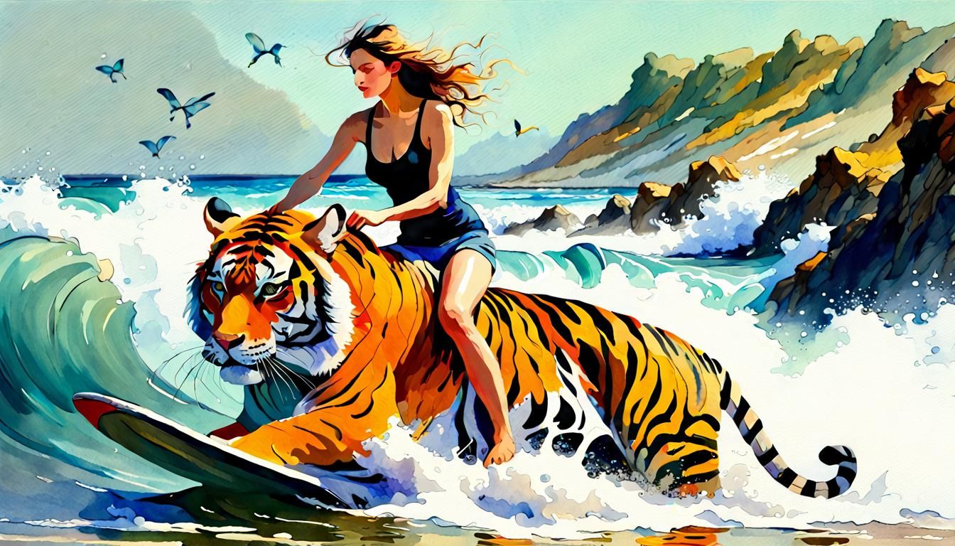 Woman Riding Tiger in Surf: Digital Watercolor Illustration
