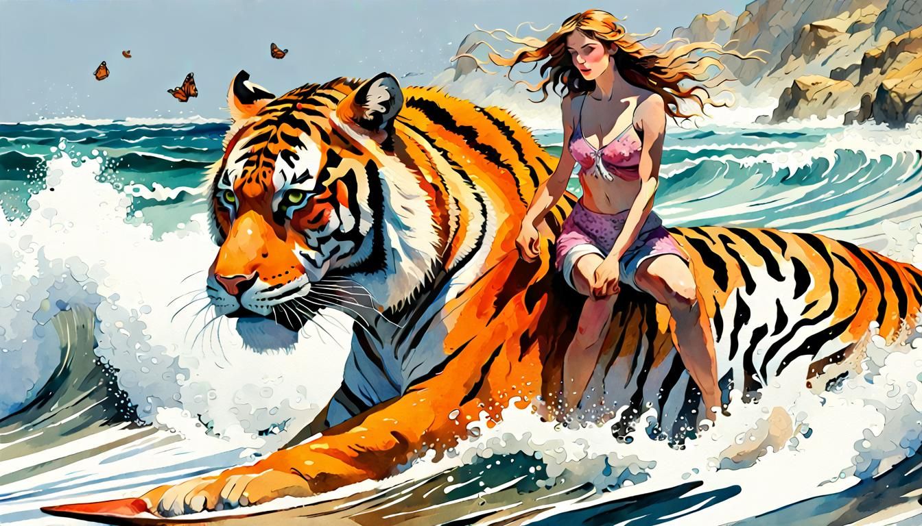Woman Rides Tiger in Surf: Digital Watercolor Illustration