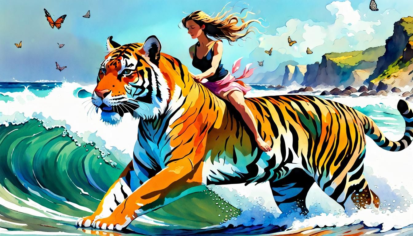 Woman Rides Tiger in Surf: Digital Watercolor Illustration