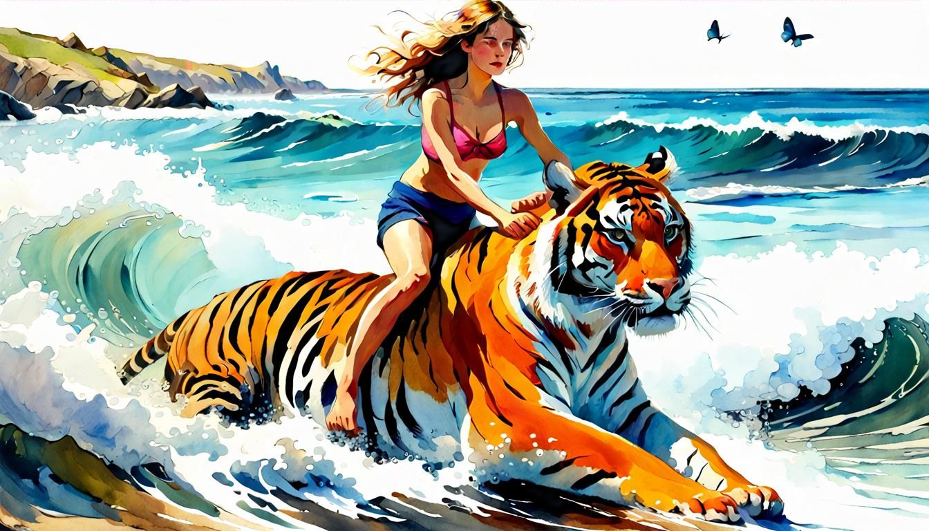 Woman Rides Tiger in Surf: Digital Watercolor Illustration