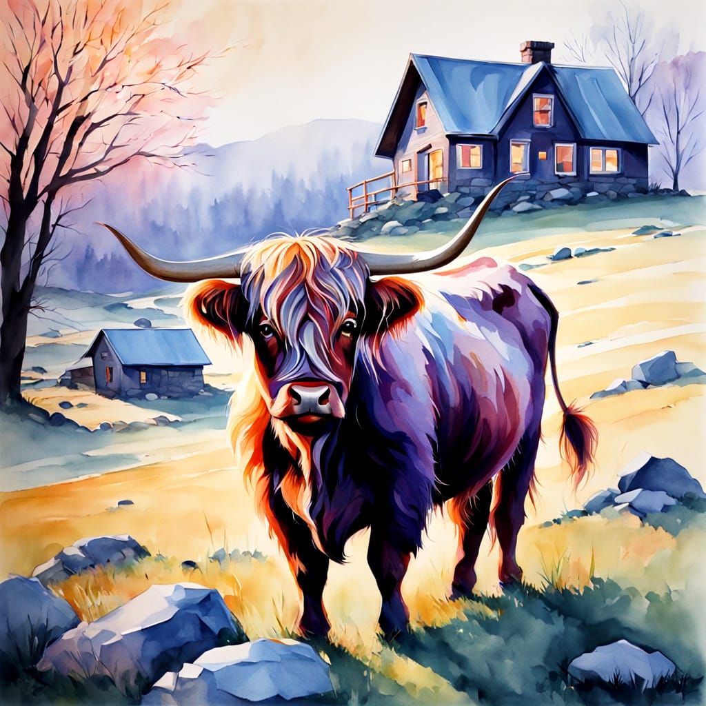 Highland Cow at Spring Sunset Watercolor Painting