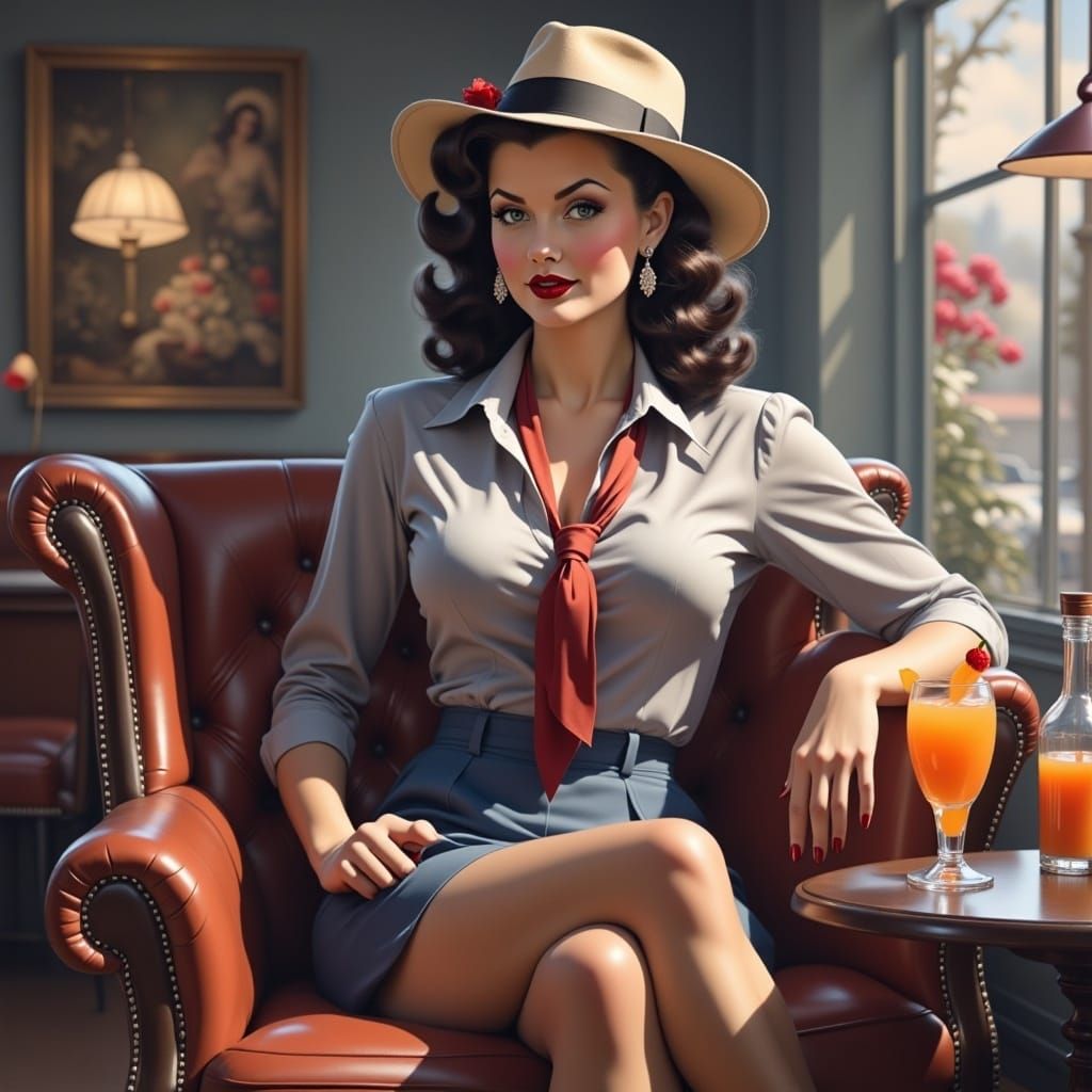 Dark-Haired Woman in Fedora: Film Noir Impressionism