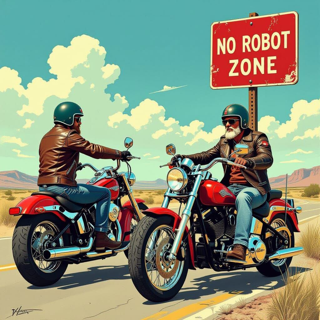 Bikers Staring at 'NO ROBOT ZONE' Sign