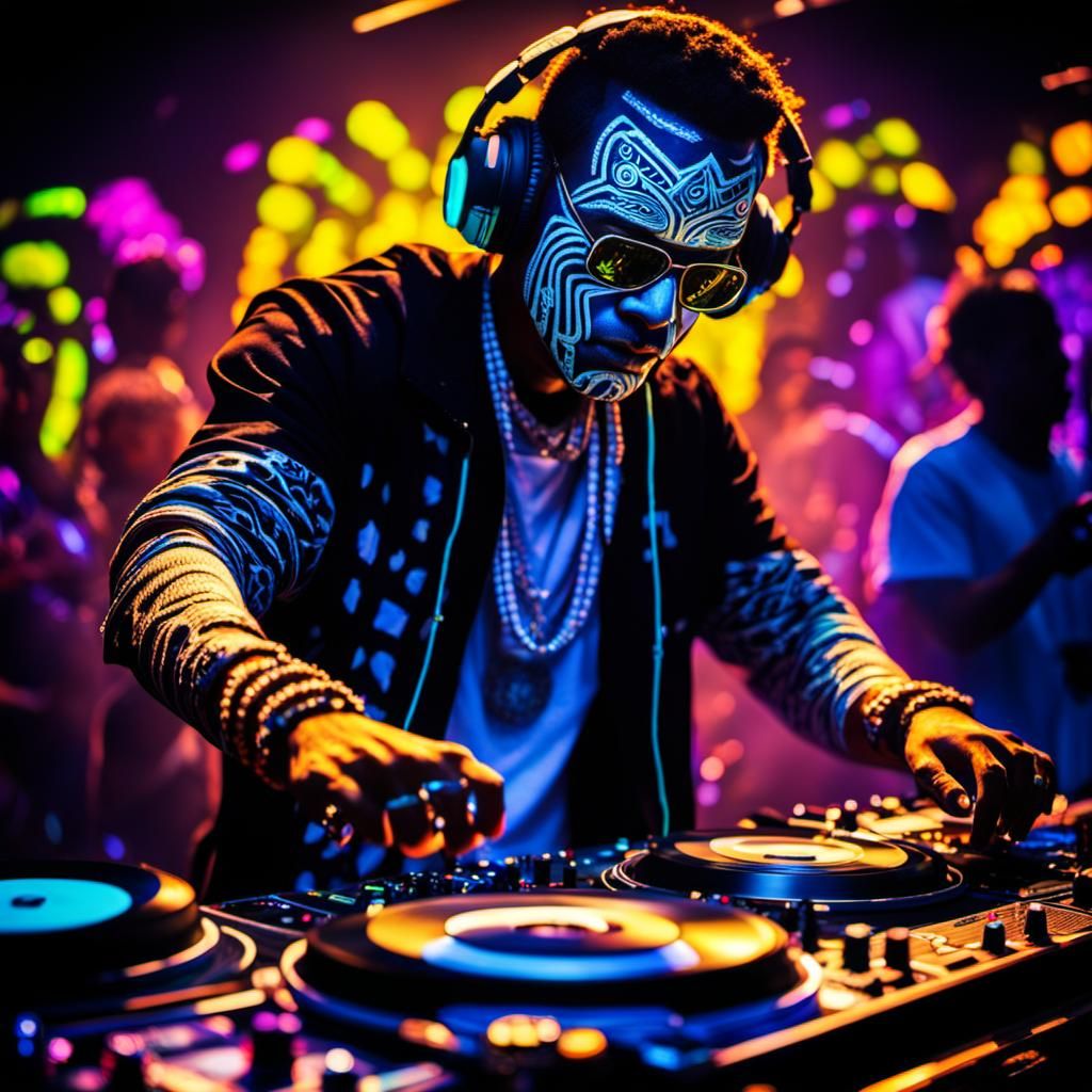 DJ Dancing with Tribal Makeup in Psychedelic Art Style