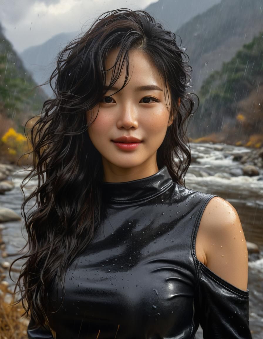 Chiaroscuro Oil Painting of Woman in Rainy Landscape