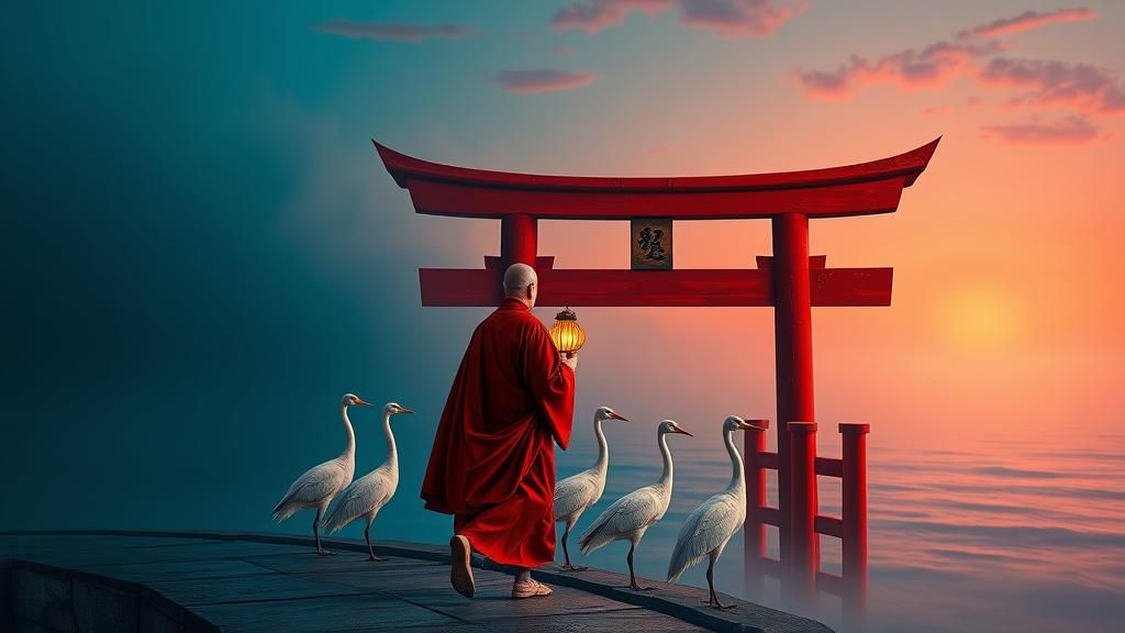 Monk by Japanese Gate with Cranes in Dreamscape