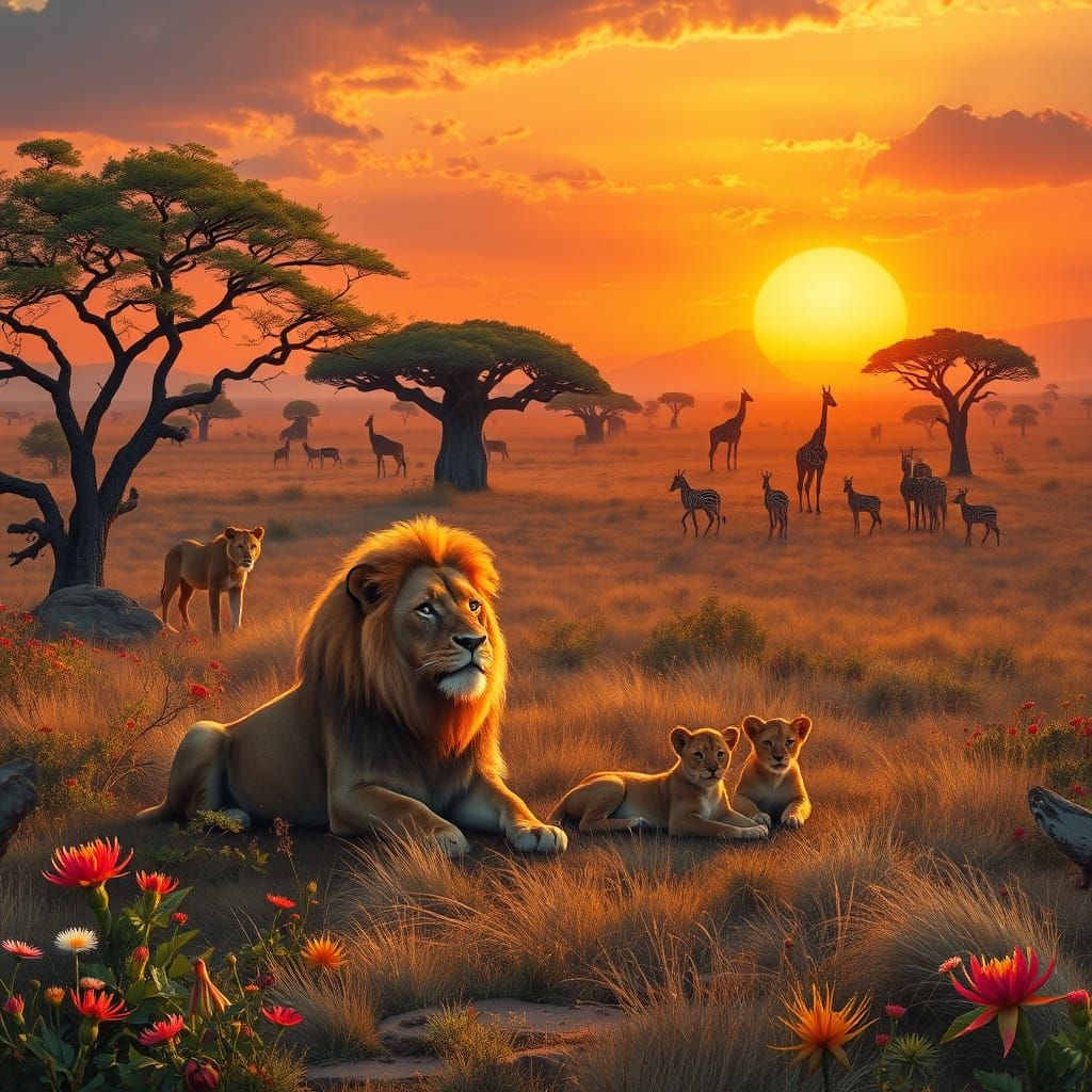 Surreal African Sunset Masterpiece with Regal Lion Pride