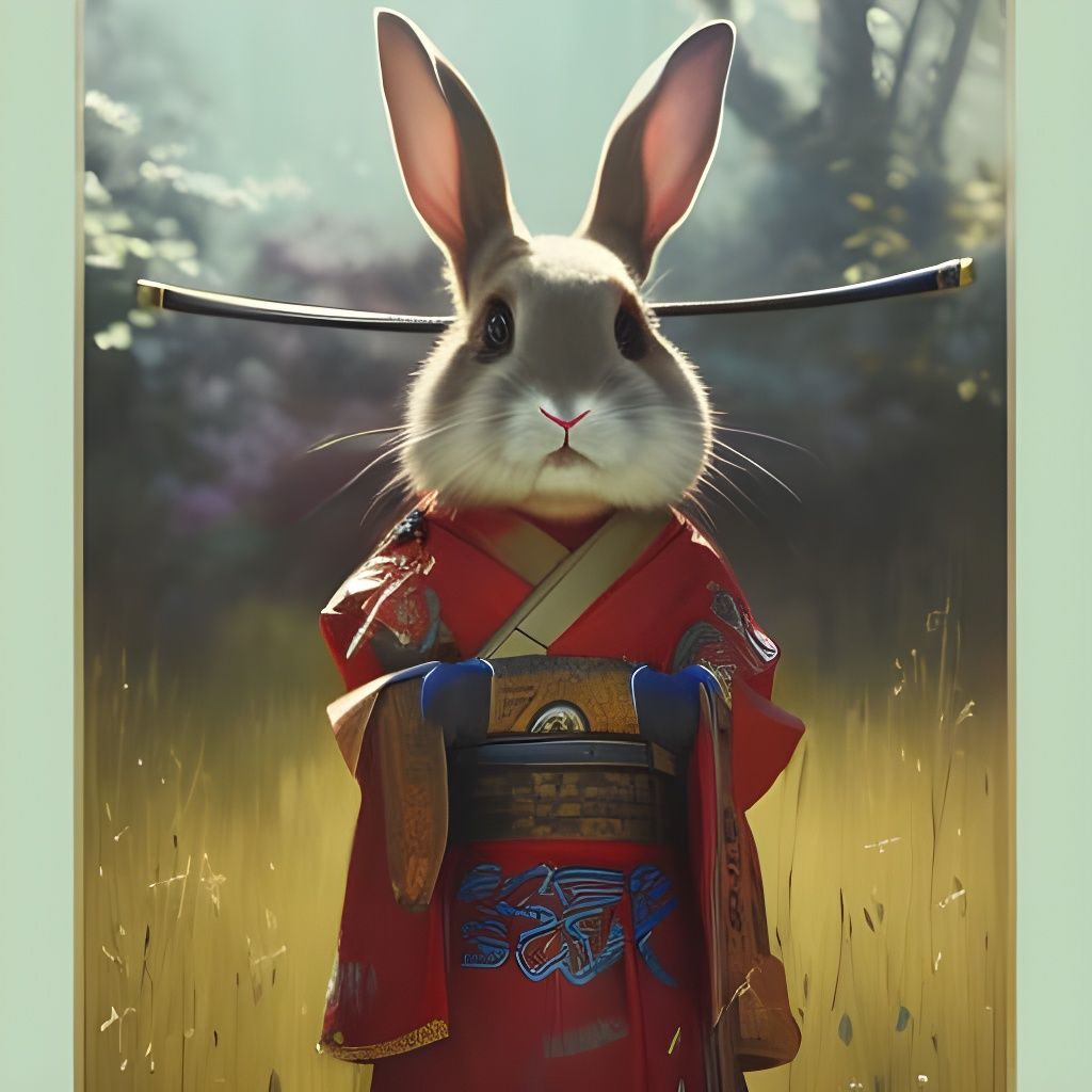 Cute Graffiti Rabbit Samurai in Majestic Oil Painting