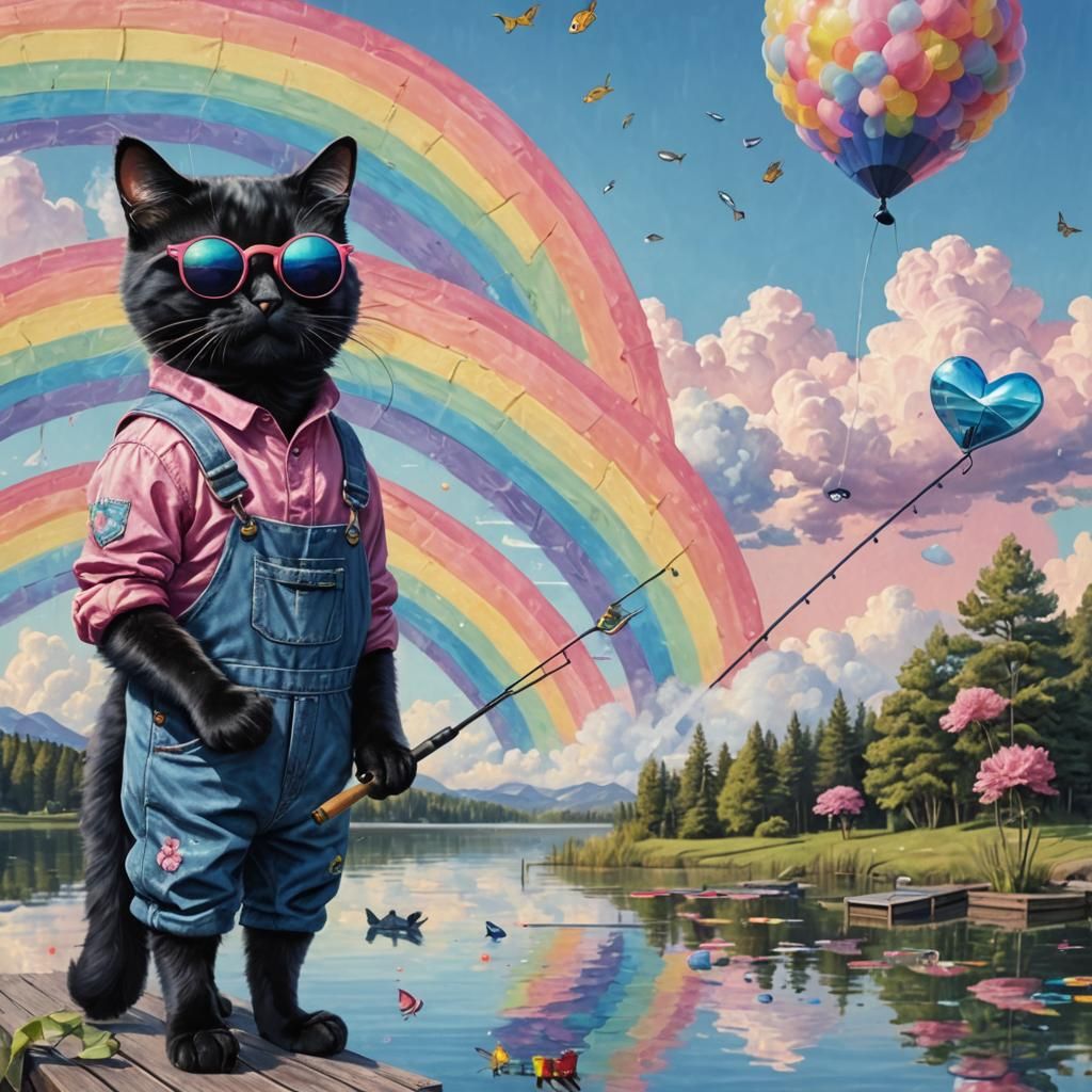 Cat in Overalls Fishing, as Baroque Street Art
