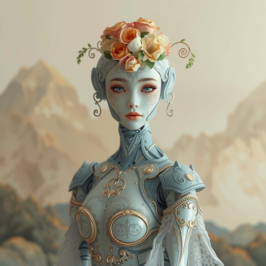 Elegant Cyborg with Floral Details in Anime Style