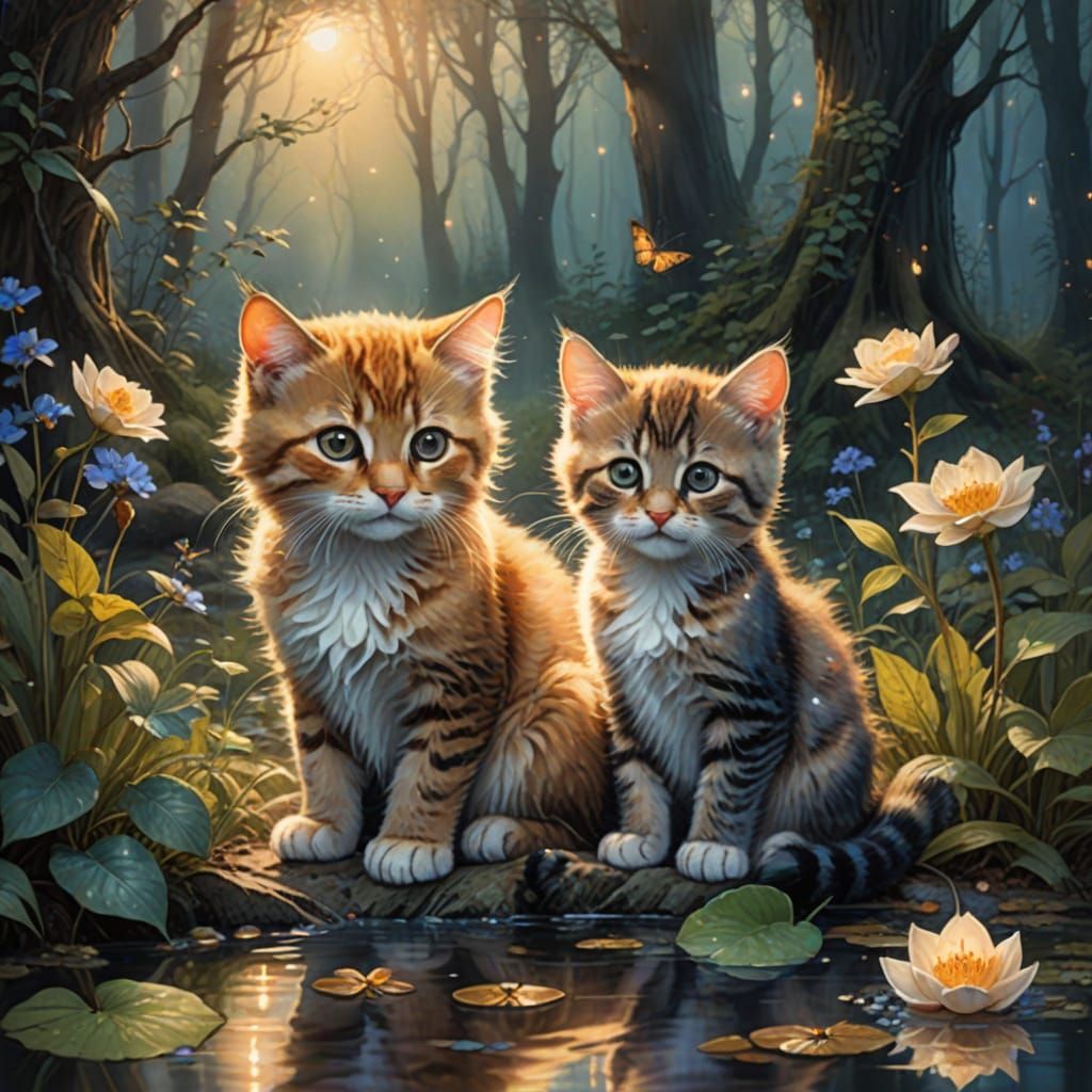 Whimsical Mother Cat Bathing Kittens in a Moonlit Forest Gla...