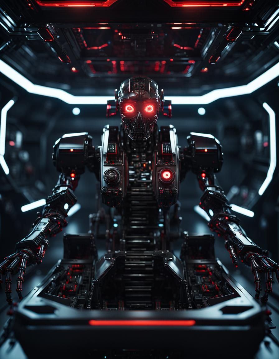 Menacing Black Robot in Spaceship Cockpit