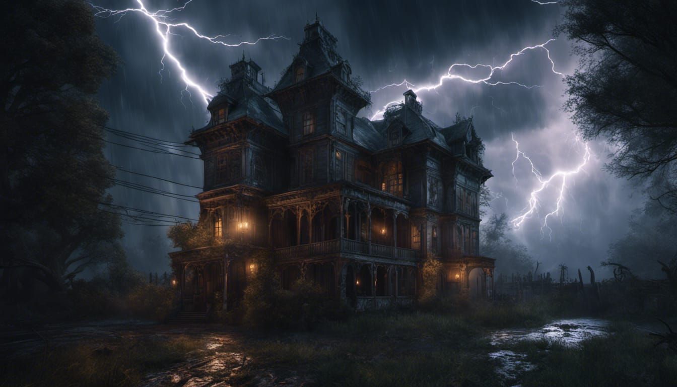 Haunted House Amidst Storm as Matte Painting
