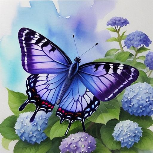 Purple Butterfly on Hydrangea Watercolor Painting