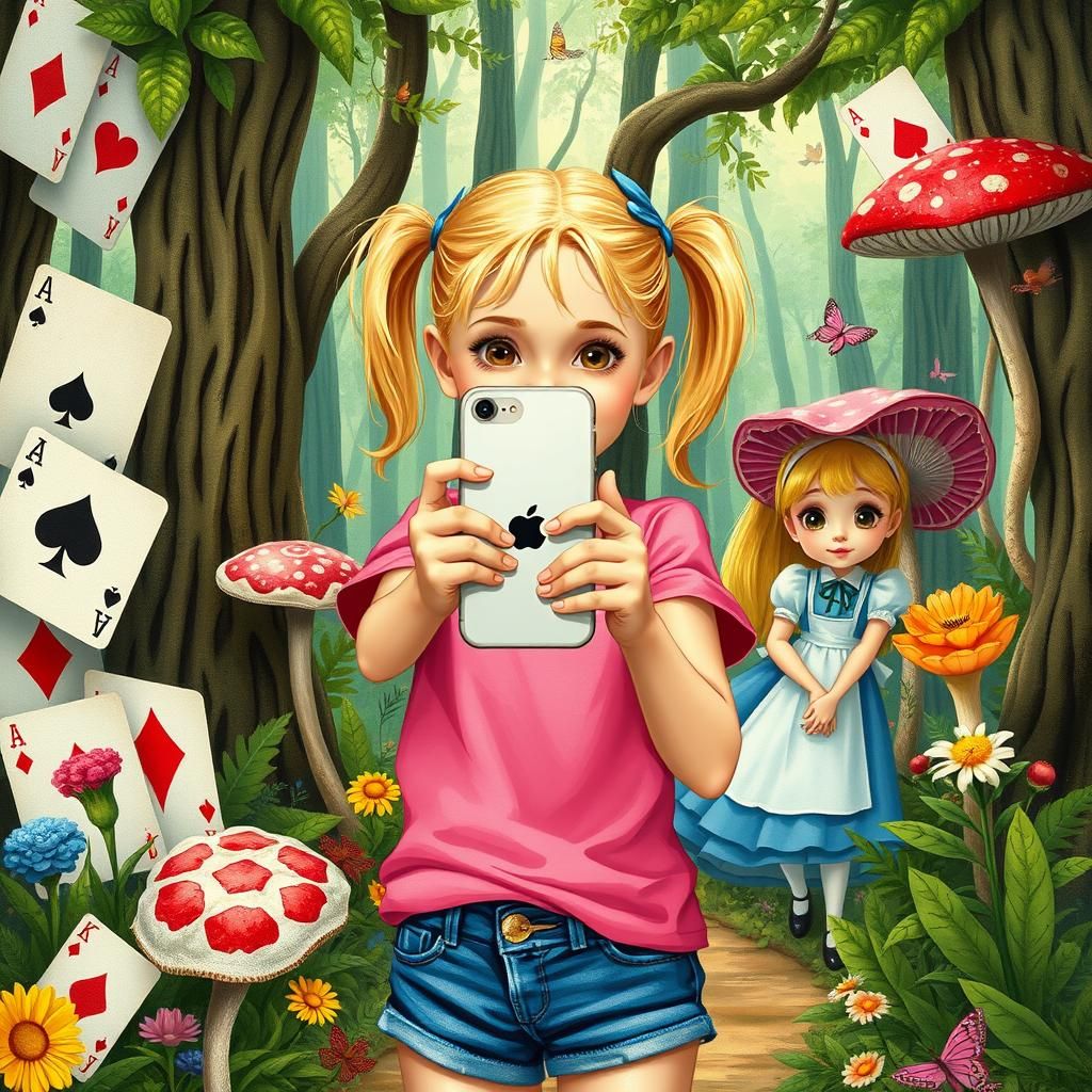 Girl Captures Wonderland Selfie in Mixed Media Style