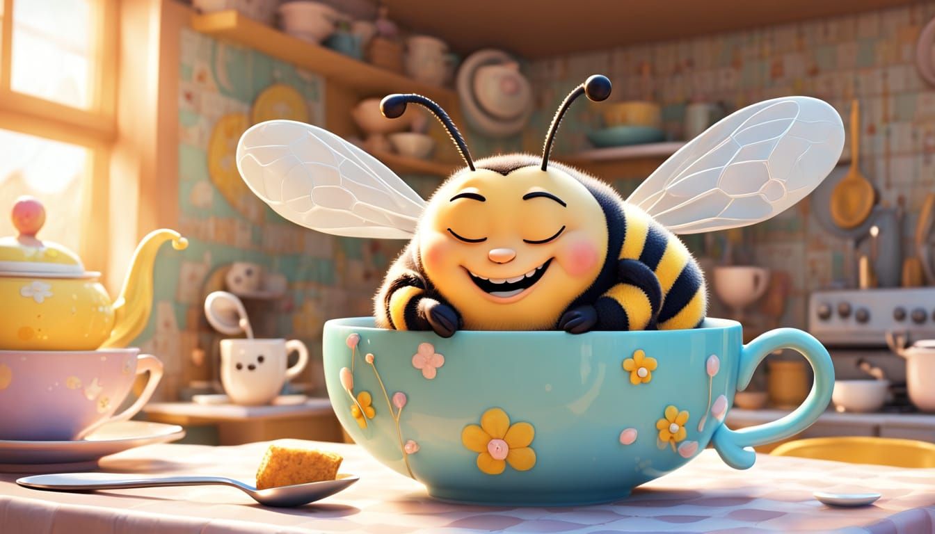 A chubby cartoon bee asleep inside a teacup